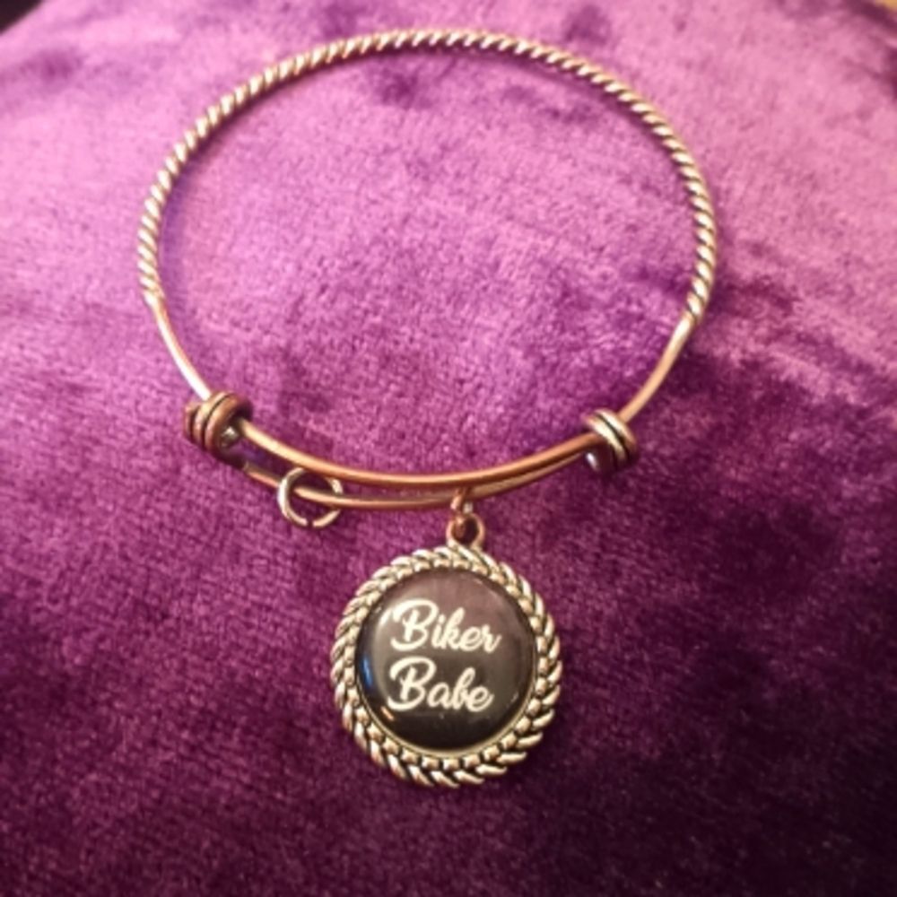 Adjustable "Biker Babe" Metal Twisted  Bangle Bracelet With Charm